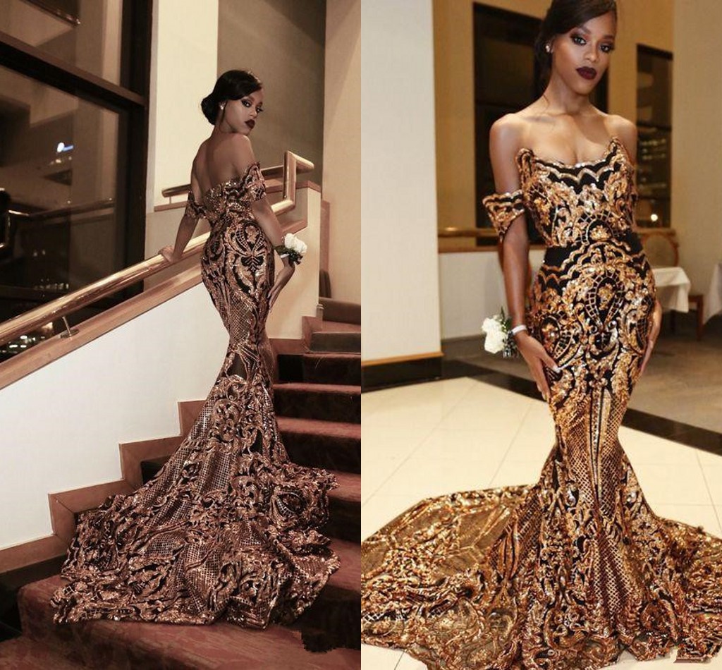 Luxury Gold black evening gowns Mermaid off shoulder Sexy African Prom Gowns Vestidos Special Occasion Dresses prom Wear