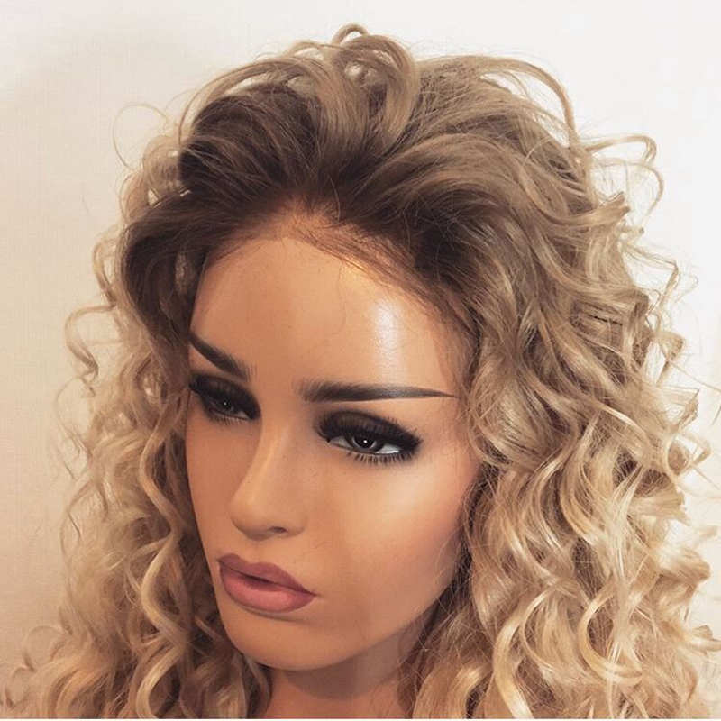 Long brown roots Blonde Kinky Curly full Lace Front Wig Baby hair 180 Density Heat ResistantOmbre Synthetic Wigs For Women