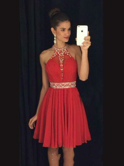 Red Sweet 16 Homecoming Dresses Halter Neck Vestido Formatura Curto Beaded Crystals Rhinestones Ruched Backless New Short Prom Dresses
