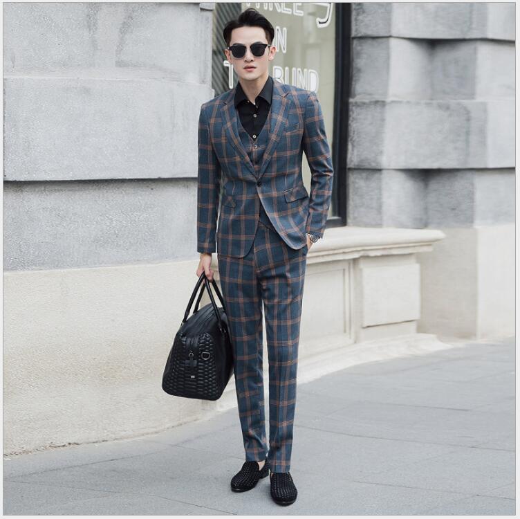 Fashion Plaid Tweed Bridegroom Wedding Clothing Best Men Suits Three Pieces (Blazer+Pant+Vest) Business Banquet Tuxedos For Sale