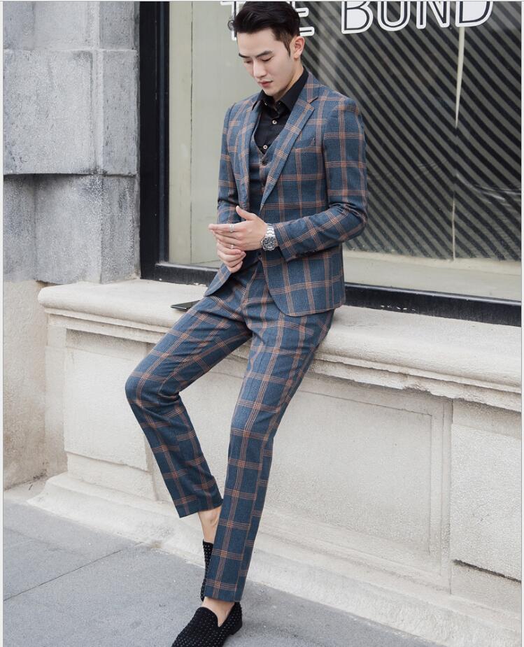 Fashion Plaid Tweed Bridegroom Wedding Clothing Best Men Suits Three Pieces (Blazer+Pant+Vest) Business Banquet Tuxedos For Sale