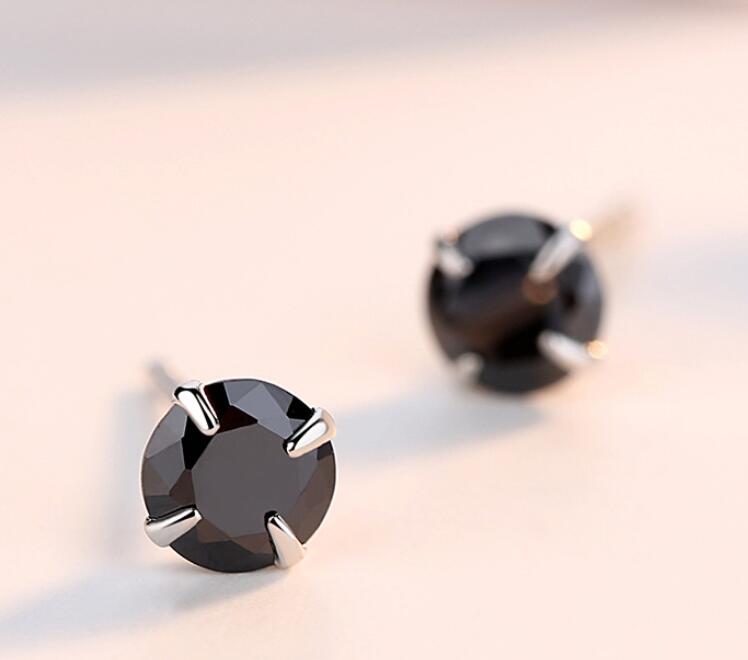 Simple Fashion Jewelry 925 Sterling Silver Black Sapphire CZ Diamond Gemstones Solitaire Women Wedding Party Men Stud Earring