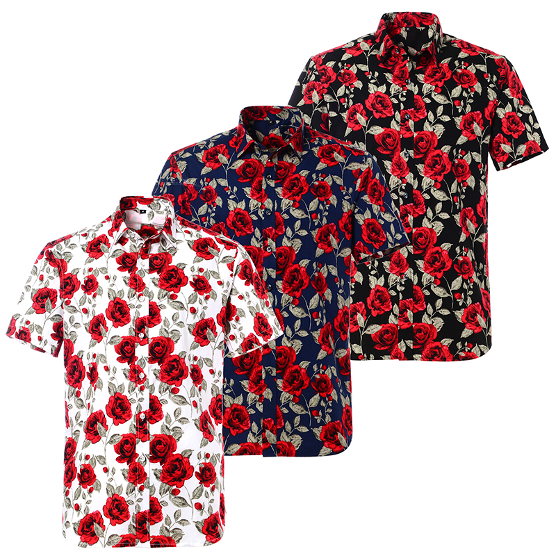 Summer Pure Cotton Mens Hawaiian Dress Shirt Loose Printed Short Sleeve Big Us Size Hawaii Flower Men Beach Floral Shirts