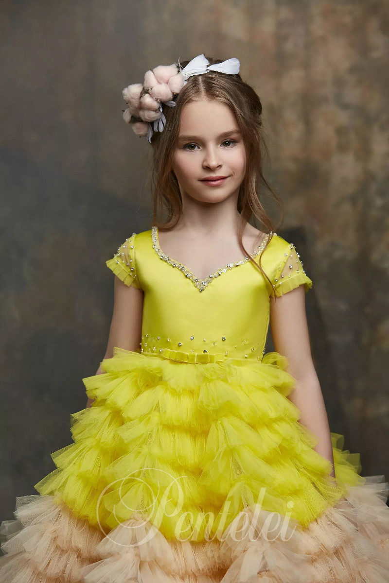 Dreamly Ball Gown Flower Girl Jewel Short Sleeve Hollow Crystal Bow Sash Tulle Tiered Pageant Dress Floor Length Girl's Birthday Part 0431