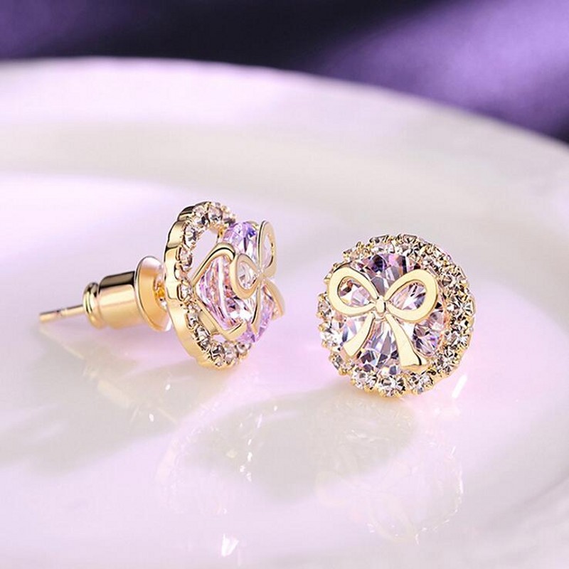 Sterg Sier Gold Filled Round Cubic Zirconia Stud Earrings for Women