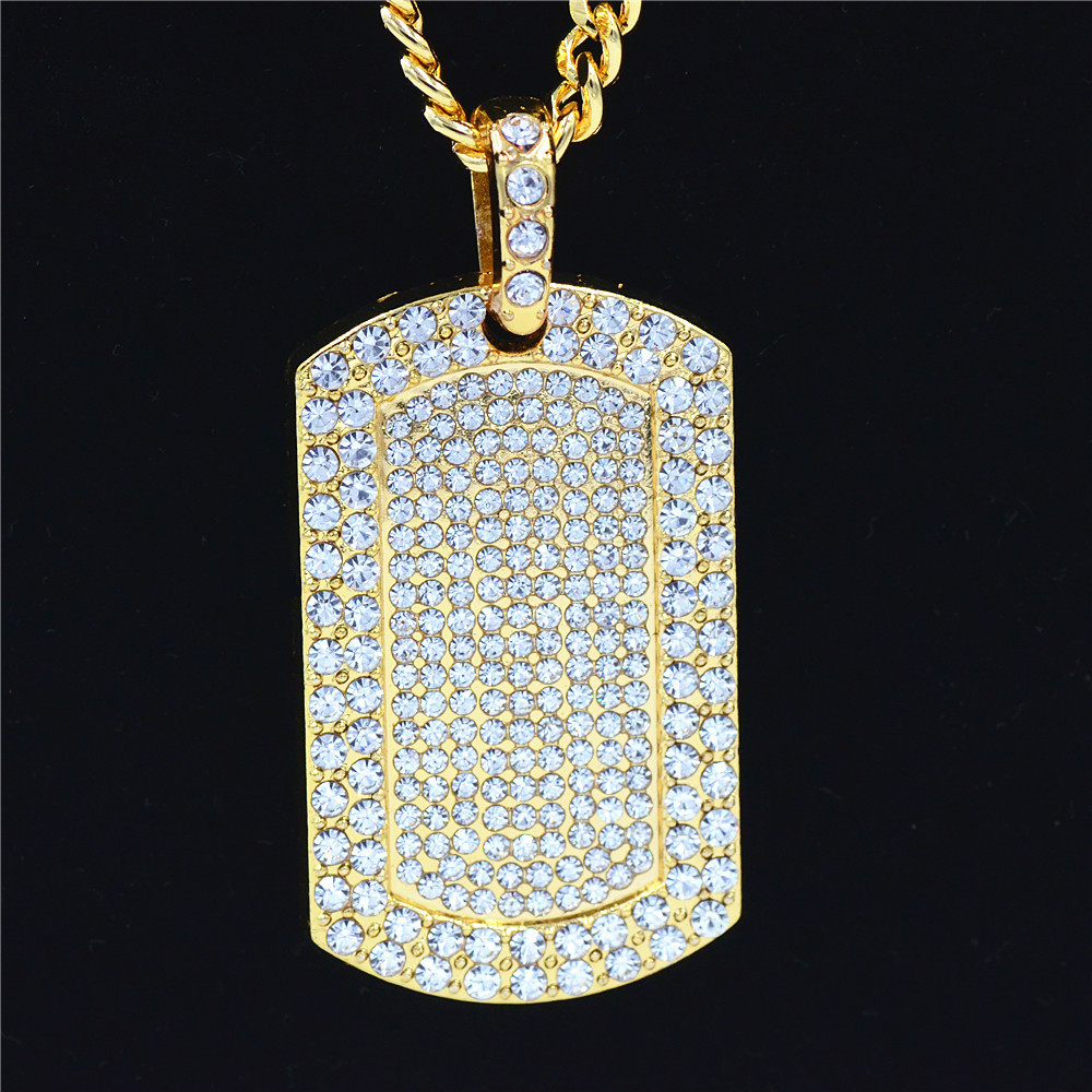 2020 mens jewelry Vintage Men's Pendant Filled Iced Out Rhinestone Gold Color Charm Square Dog Tag Necklace With Cuban Chain Hip Hop Jewelry