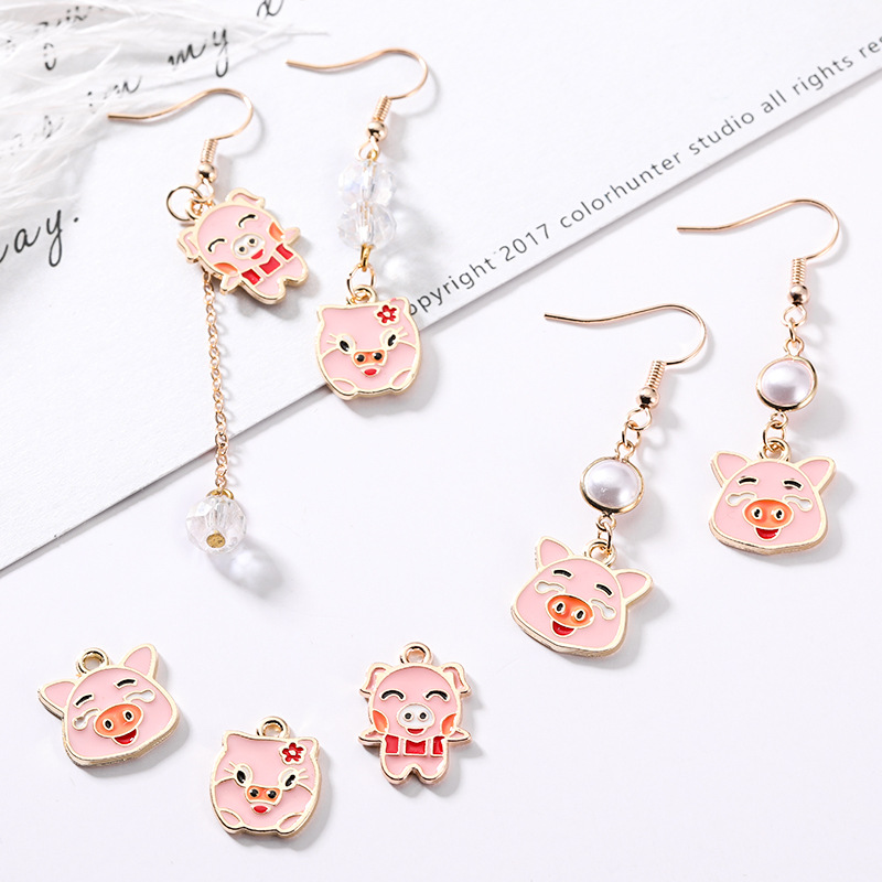 100PCSlot Enamel Pig Charms PendantFarm charmsPig Family Pink Necklace findings Diy Jewelry Accessories
