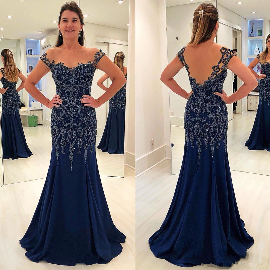Navy Blue Mermaid Formal Evening Gown 2019 Sheer Neck Lace Applique Beads Floor Length Women Prom Party Wear Plus Size Mother's Dresses