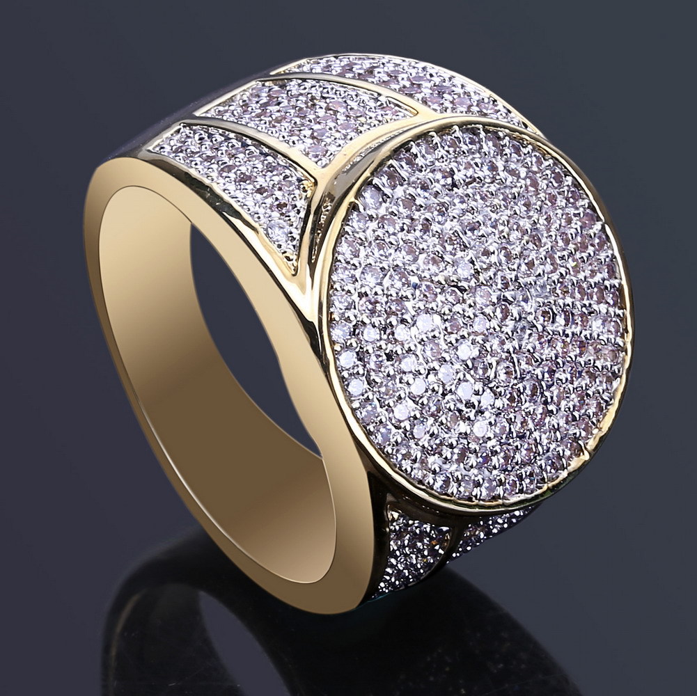 18mm Cubic Cubic Zirconia Hip Hop Round Button Bling Rings 18K Gold Plated Copper CZ Stone Diamond Miami Street Rapper Jewelry For Men Size 7 To 11 Bi