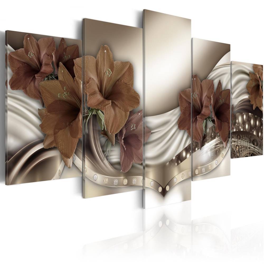 Fashion Wall Art Canvas Painting 5 Pieces Red Brown Green Diamond Lilies Flower Modern Home Decoration, No Frame