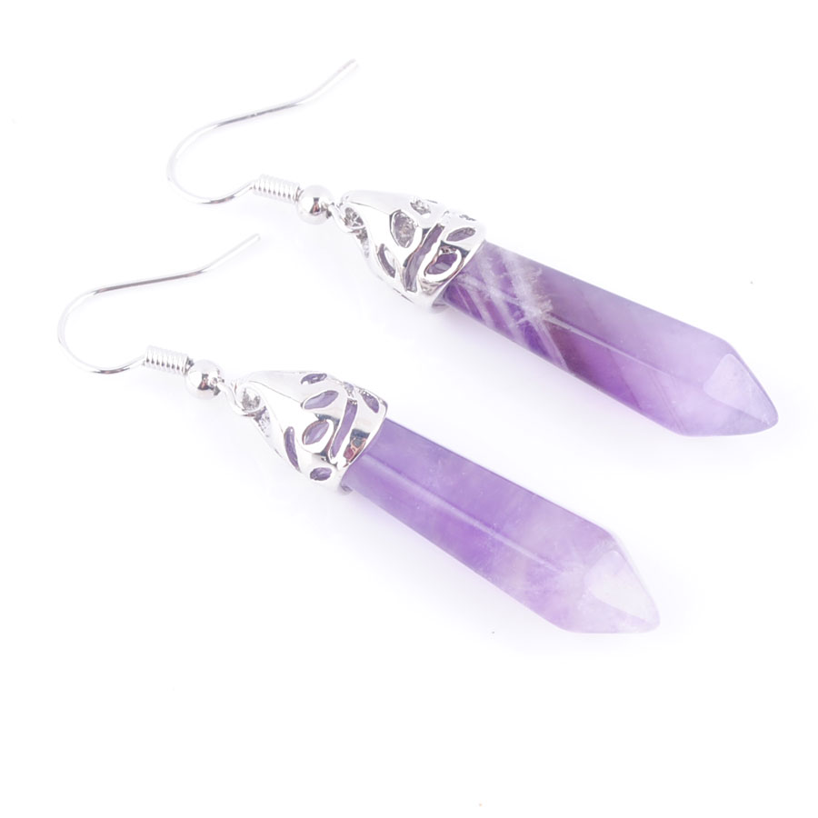 WOJIAER Natural Amethyst GemStone Dangle Earrings Hexagonal Pointed Reiki Chakra Beads For Women Jewelry R3058
