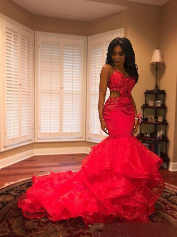 2019 Black Girls Red Prom Dresses Sexy Spaghetti Straps Lace Applique Mermaid Evening Dresses with Tiered Ruffles Formal Party Dress