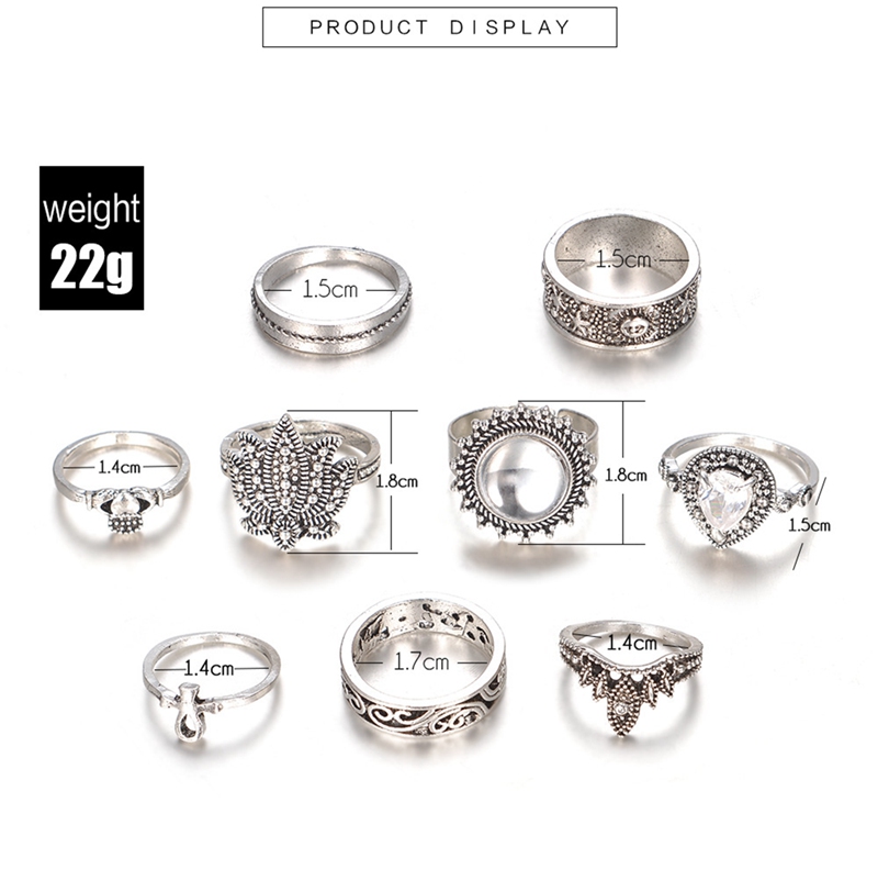 9 pieces of silver vintage ethnic style exaggerated gems combination bohemian stack ring rhinestone joint ring nail ring set for female girl
