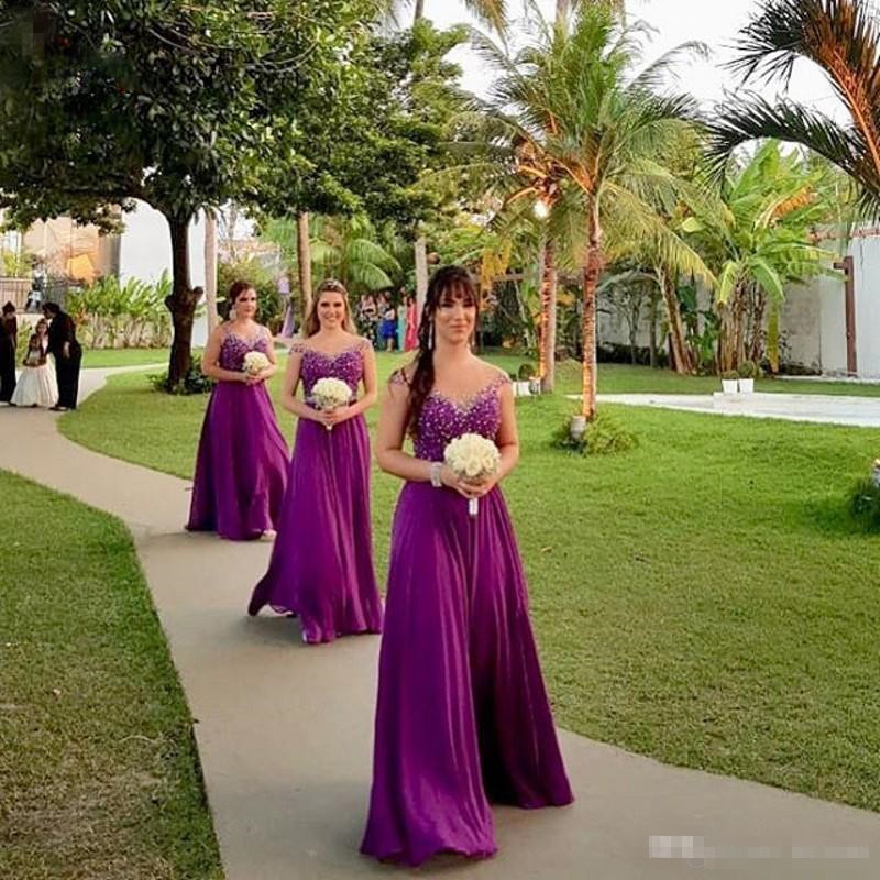 Sparkle Purple Long Bridesmaids 2019 Illusion Back Cap Sleeve A-Line Wedding Guest Dress Floor Length Maid Of Honor Dresses 62 0510