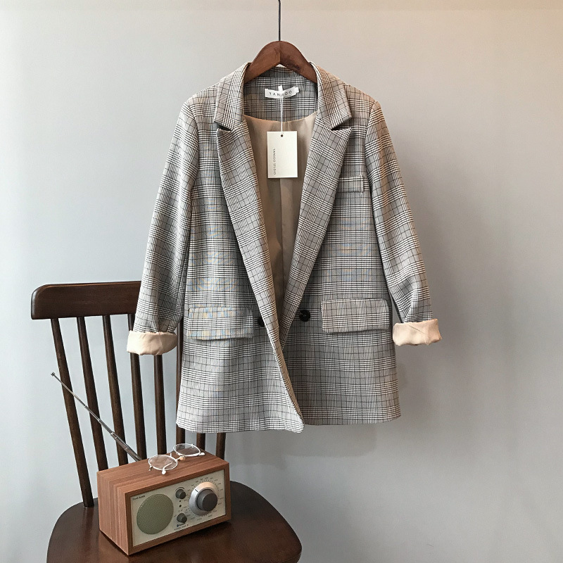Spring new Korean retro plaid suit women's jacket loose casual suit jacket light coffee color polyester fiber, Light brown
Spring new Korean retro plaid suit women's jacket loose casual suit jacket light coffee color polyester fiber, Light brown