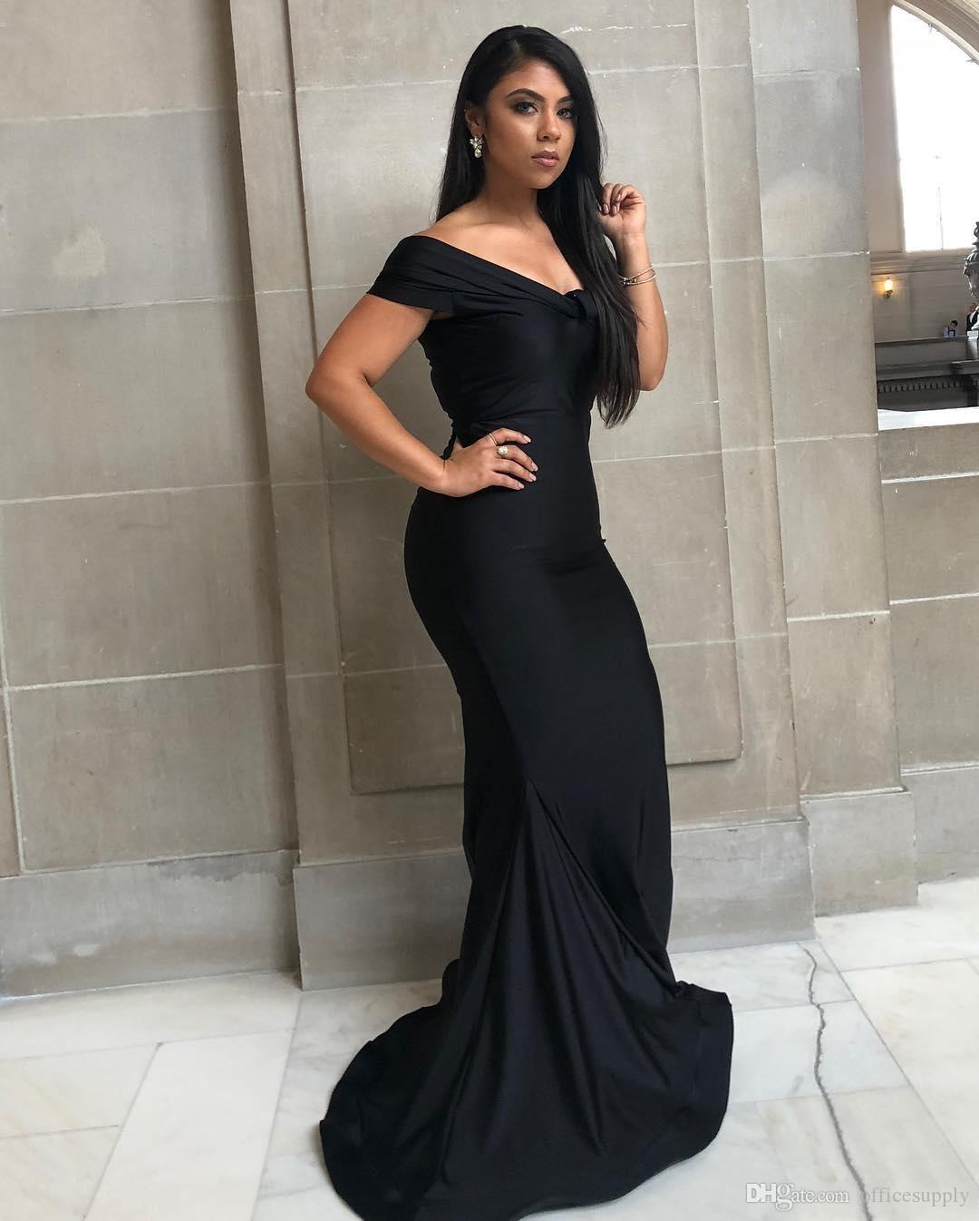 Mermaid Elegant Black Bridesmaid Off Shoulder Formal Evening Gowns Prom Dresses Pleats Plus Size Simple Robe De Soiree