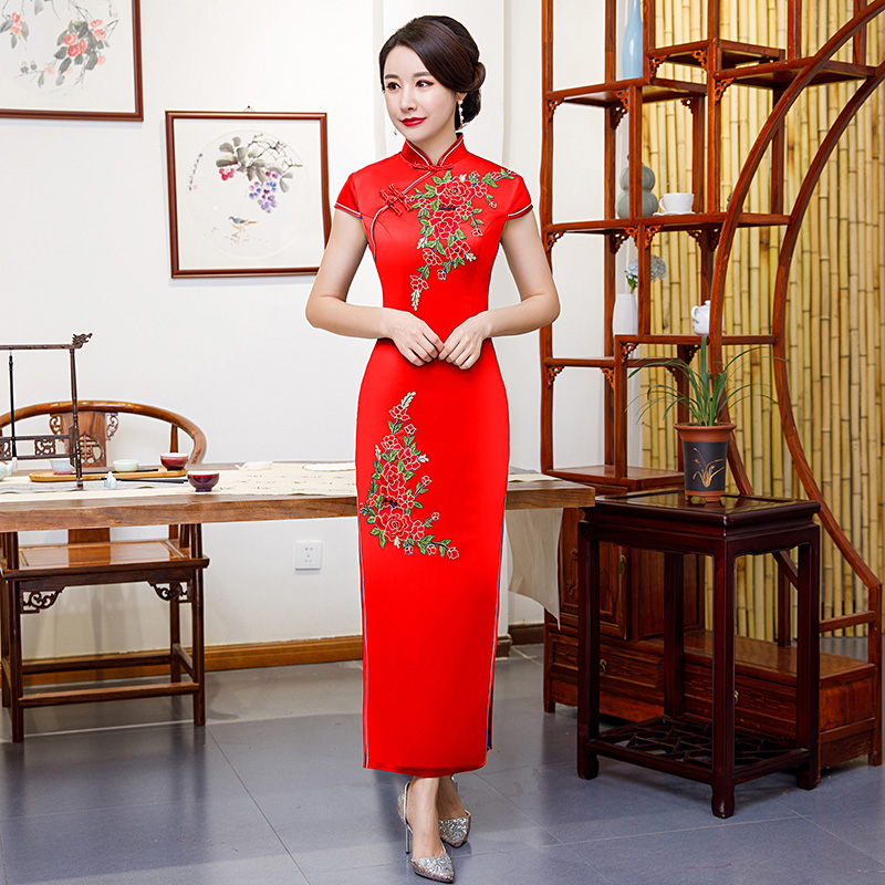Hot Pink Fashion Long Cheongsam Chinese style Mandarin Collar Dress Woman Summer Qipao Slim Party Dresses Vestido S-4XL
