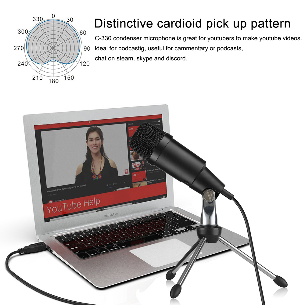 C330 Usb Microphone Karaoke Microphone Plastic and Metal Capacitor Microphone HeartShaped Pointing Black