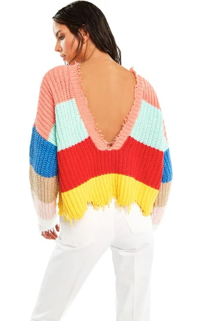 Fashion- Multi Color Blocked Cropped Sweater Women Winter Deep V-neck Tassel Knitted Pullover Cool Girls Loose Jumpers Pull Femme