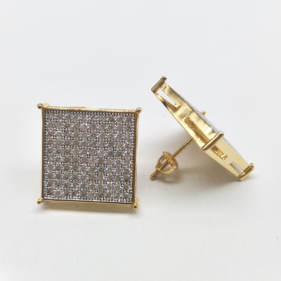 Real Gold Hiphop CZ Zircon Square Stud 0.7-1.6cm for Men Women and Girls Gifts Cubic Zirconia Iced Out Dia Earrings Studs Punk Rock Rapper Jewelry Bag