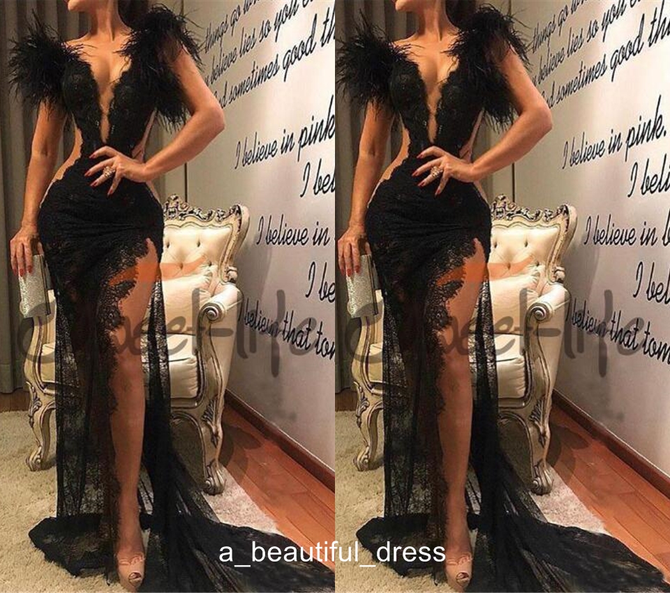 Sexy Black Evening Dresses with Feather Side split Floor Length Black Full Lace Prom Gown Fashion PD5578