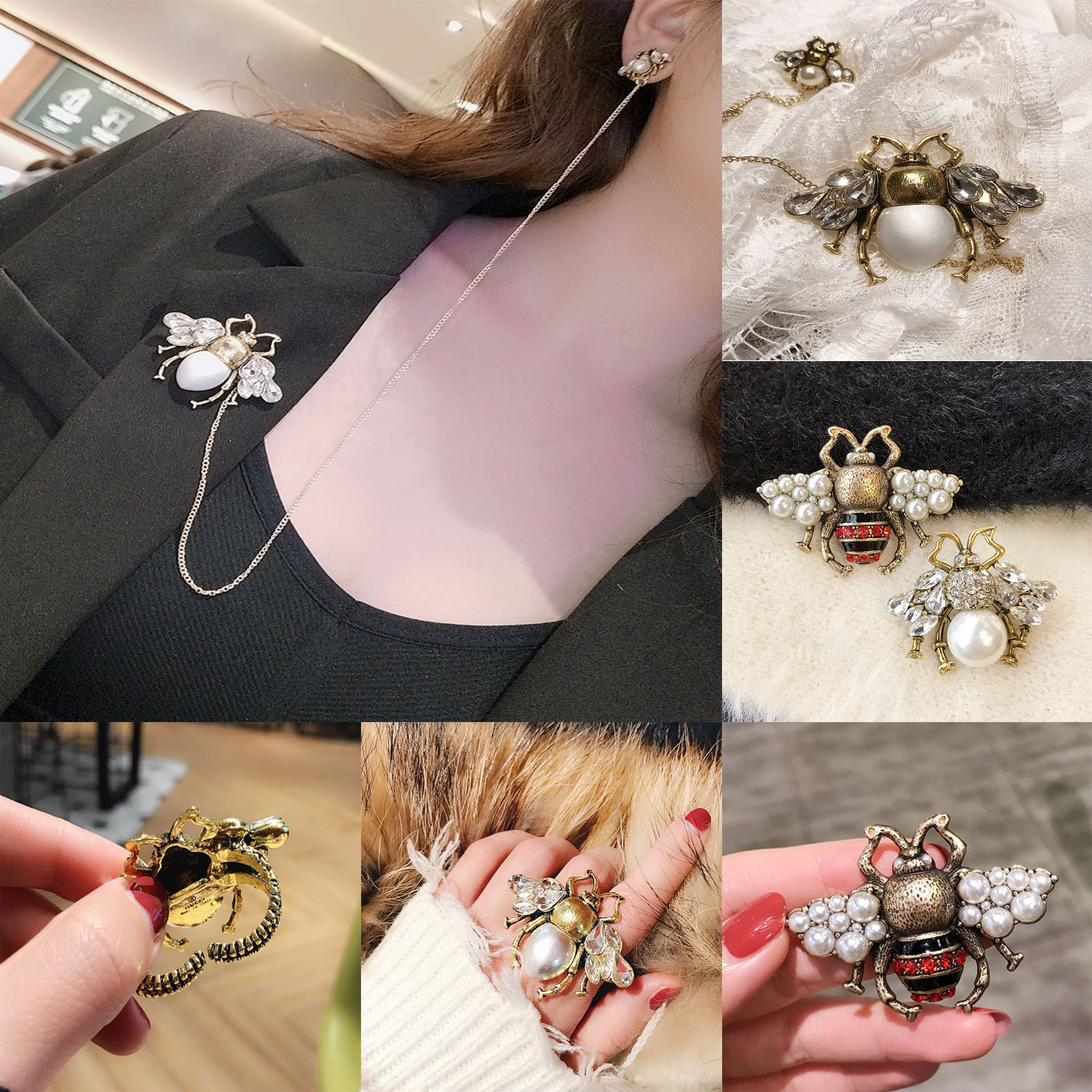 Fashion temperament ladies ring brooch earrings set bee long chain pearl crystal diamond designer jewelry
Fashion temperament ladies ring brooch earrings set bee long chain pearl crystal diamond designer jewelry