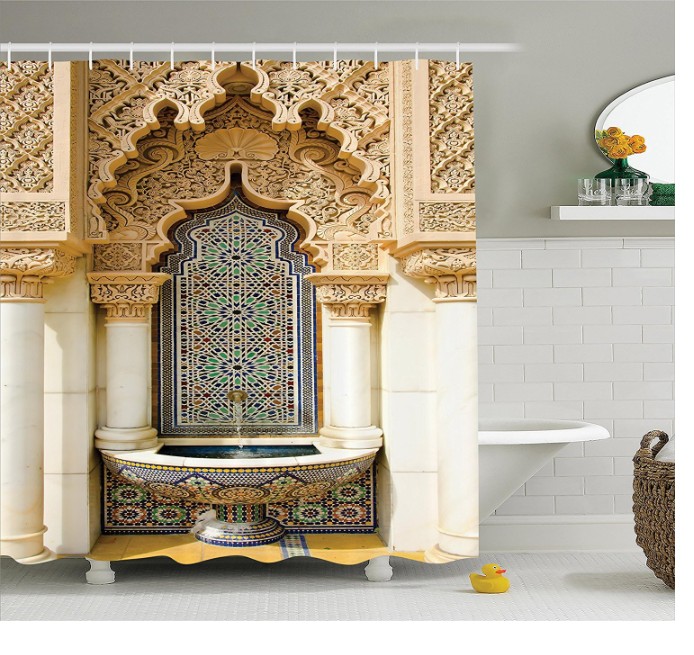 Moroccan Decor Shower Curtain Vintage Building Design Polyester Fabric Bathroom Shower Curtain Set with Hooks Shower Curtains