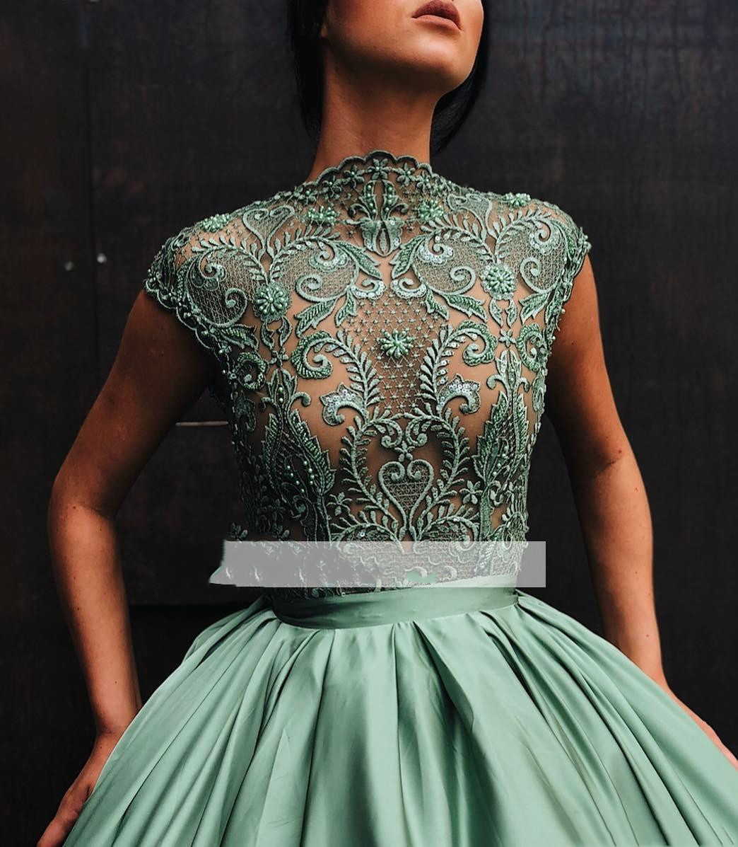 Vintage Green Prom Dresses 2020 Illusion Lace Top Evening Dress Cap Sleeves Formal Party Reception Gowns