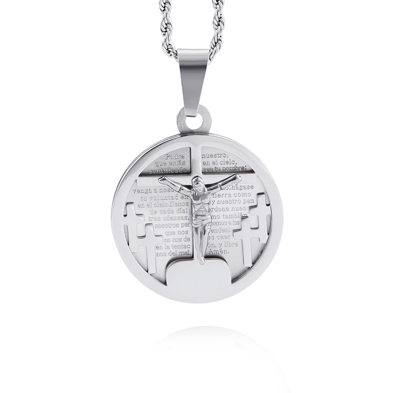 Jesus Cross Pattern Pendant Necklace Jewelry Round Shape Stainless Steel Gold Plated Pendants Men Women Religious Jewelry