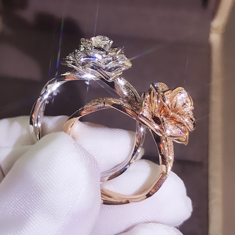 Choucong Cute US Size 6-10 Luxury Jewelry 925 Sterling Silver&Rose Gold Round Cut White Topaz CZ Diamond Women Wedding Flower Band Ring