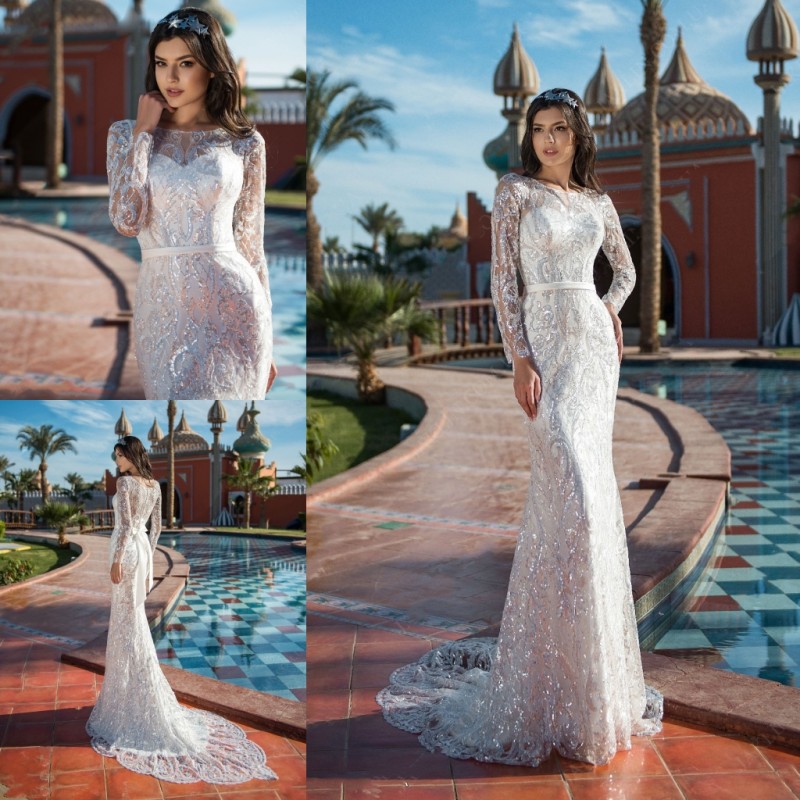 Bling Mermaid Wedding Dresses With Long Sleeve Jewel Neck Lace Appliqued Sequins Country Wedding Dress Custom Made vestidos de novia, Black
Bling Mermaid Wedding Dresses With Long Sleeve Jewel Neck Lace Appliqued Sequins Country Wedding Dress Custom Made vestidos de novia, Black