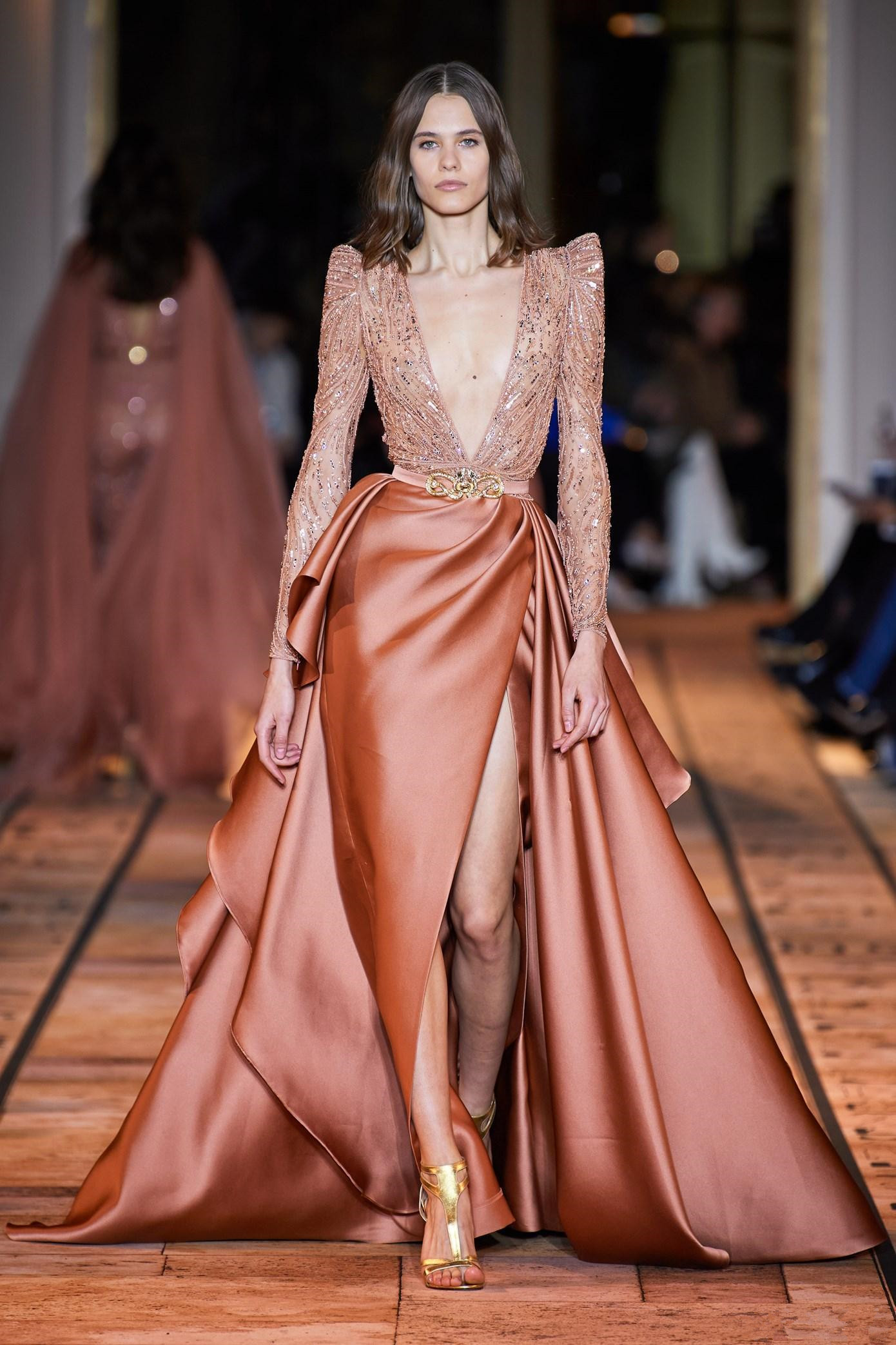 Zuhair Murad 2020 Satin Split Prom Dresses 2020 Deep V Neck Long Sleeve Sequined Beads African Dress Evening Gowns