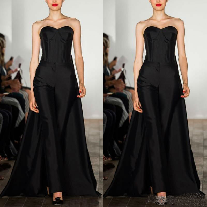 2019 Chic Black Prom Dresses With Detachable Train Evening Gowns Custom Made Women Jumpsuits Cocktail Party Dresses robes de soirée