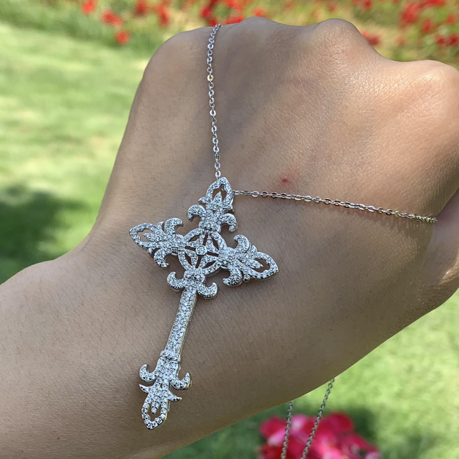 Key Cross Pendant Sterg Sier Necklace with White Sapphire CZ Dia Women Wedding Gift