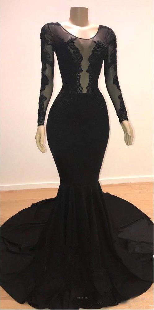 2019 Mermaid Black Prom Dresses Long Sleeves Sexy Illusion Bodices Lace Applique Backless Formal Evening Gowns Court Train