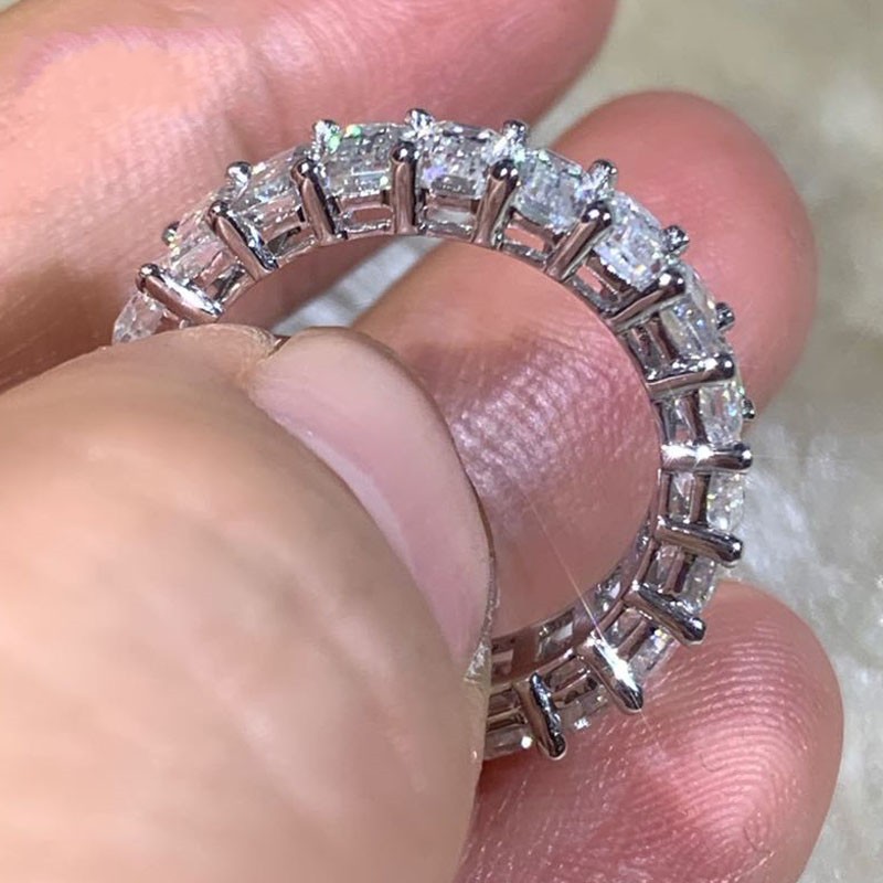Victoria Wieck Sparkling Deluxe Jewelry 925 Sterling Silver Emerald Cut White Topaz CZ Diamond Women Wedding Band Ring for Women Gift