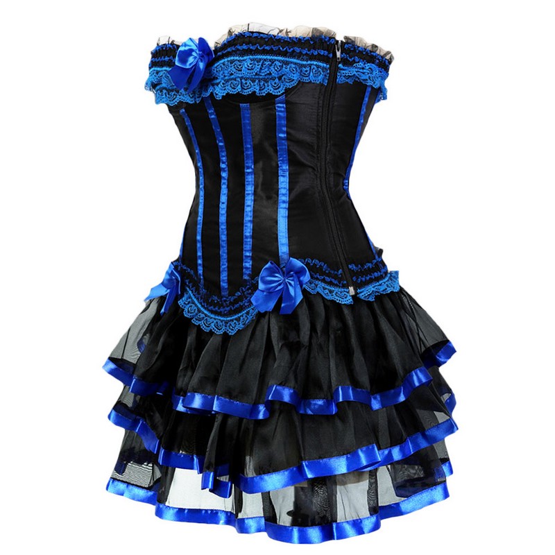 Tiered Lacy Ruffle Satin Overbust Corset with Black Contrast Mini Layered Skirt Women Burlesque Corset Skirt Outfit Big Plus Size S-6XL Mult