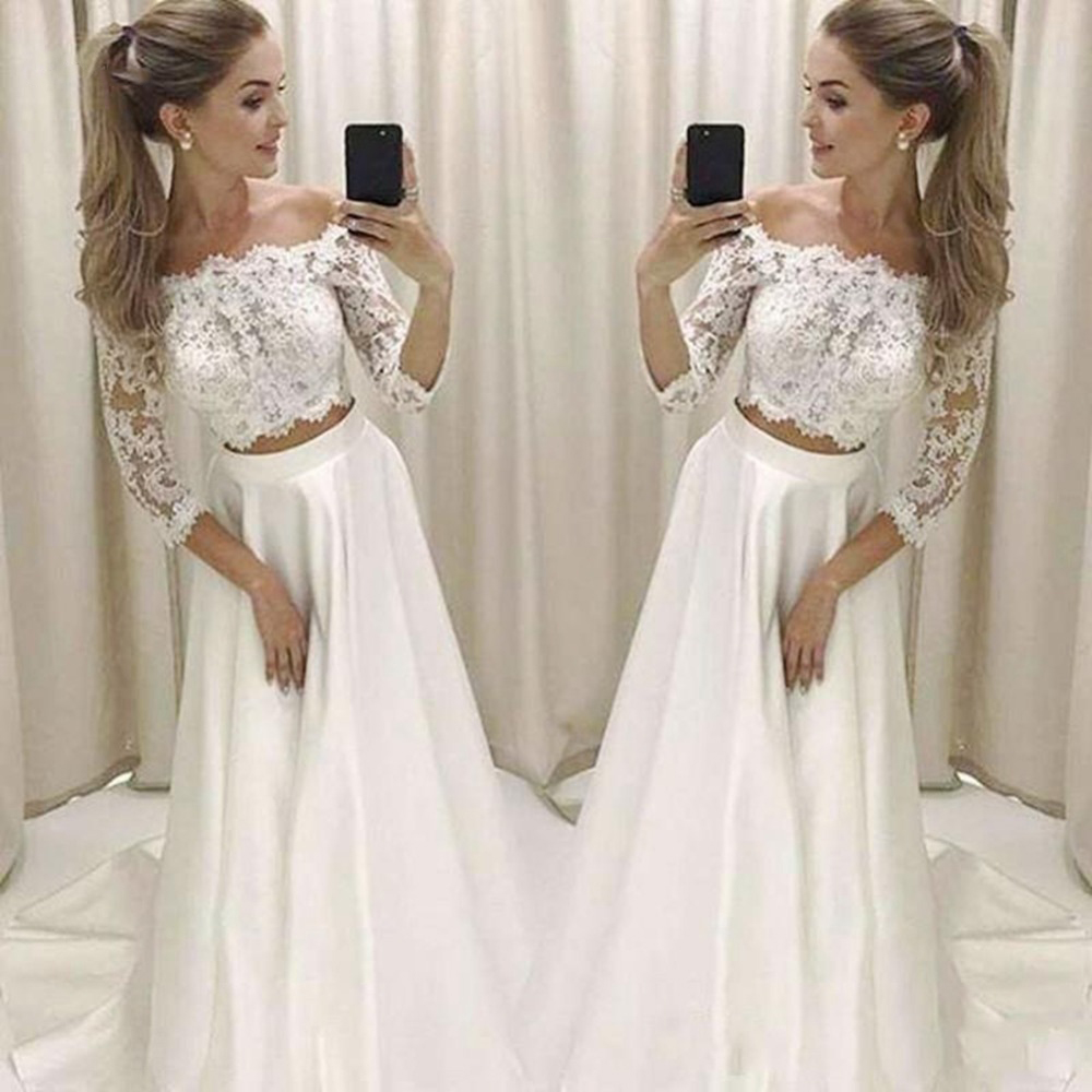 Two Piece Wedding Dresses With 3/4 Long Sleeve Off The Shoulder Beach Wedding Dress A Line Lace Floor Length Bridal Gown, White
Two Piece Wedding Dresses With 3/4 Long Sleeve Off The Shoulder Beach Wedding Dress A Line Lace Floor Length Bridal Gown, White