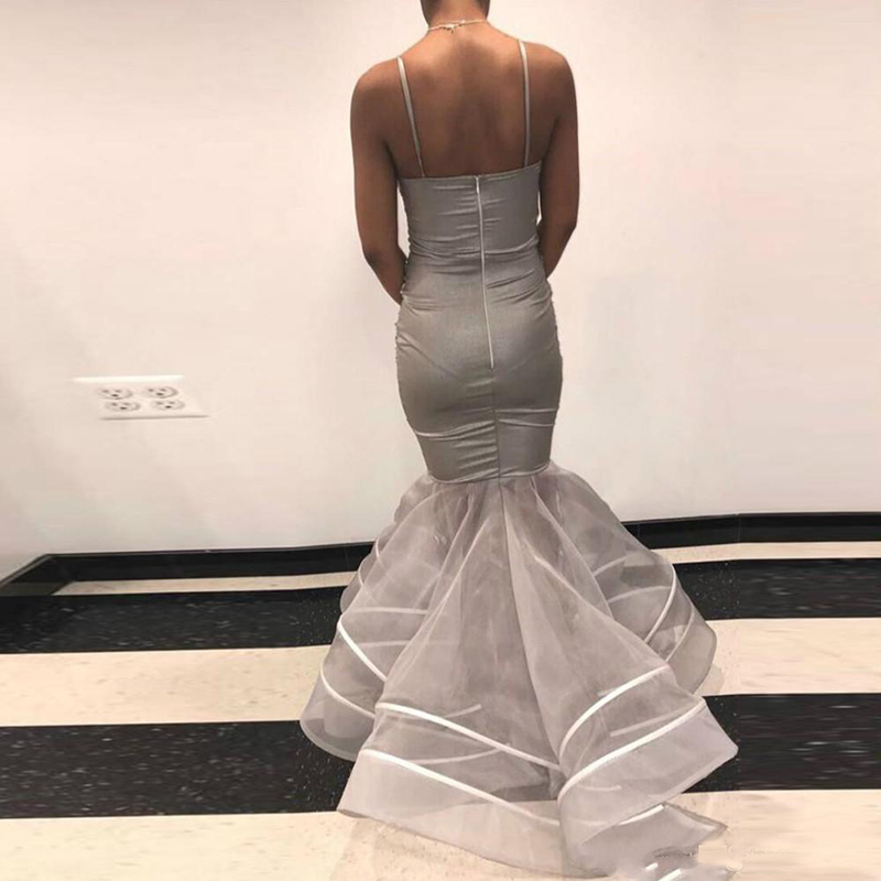 Gray Mermaid Spaghetti Strap Prom Dresses V Neck Appliques Sequin Tiered Ruffles Bottom Evening Wear Long Prom Party Gowns