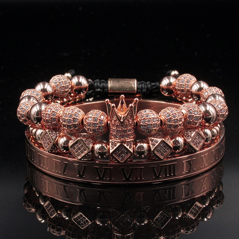 3pcs/set Men Bracelets Luxury Crown Charm Micro Pave CZ Round Braided Macrame Bracelet Pulseira Feminina Handmade Jewelry Women Gift Valentine's 