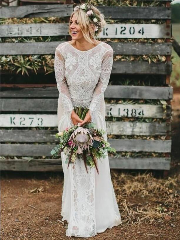 2020 Backless Mermaid Wedding Dresses Jewel Neck Lace Appliques Long Sleeve Trumpet Wedding Dress Boho Beach Bridal Gowns Vestidos De Novia