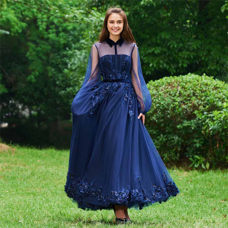 Elegant Blue Lace A Line Prom Dresses Custom Hollow Floor Length Evening Beads Long Sleeves Party Gowns Robe De Mariée