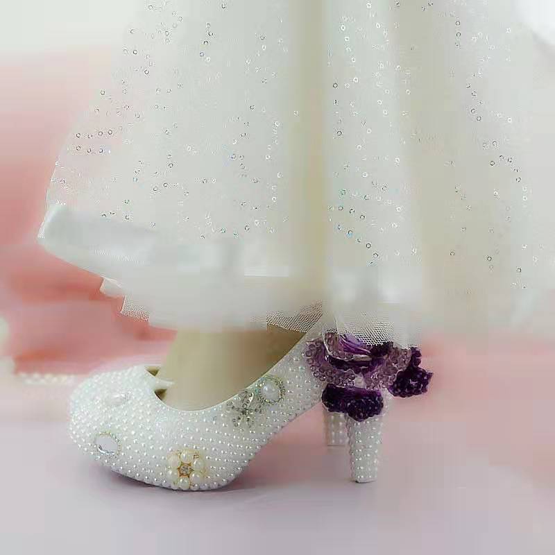 Pearls Flower Wedding Shoes Diamond Purple Rose Pumps High Heels Bridal Shoes 8cm 11cm 14cm Bling Bling Prom Shoes for Lady