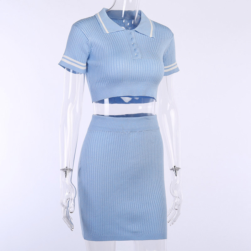 NewAsia Ribbed Knitted 2 Piece Set Women Short Sleeve Button Crop Top And Mini Skirt Set Party Two Piece Set Outfit Clothes