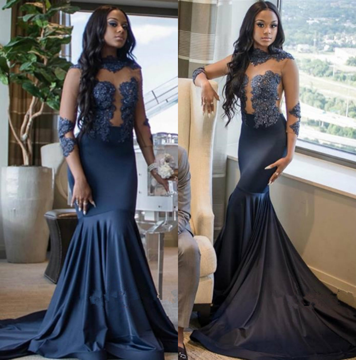 Saudi Arabic Mermaid Prom Dresses Navy Blue Lace Formal Evening Dresses Long Sleeves African Party Gowns Custom 2019