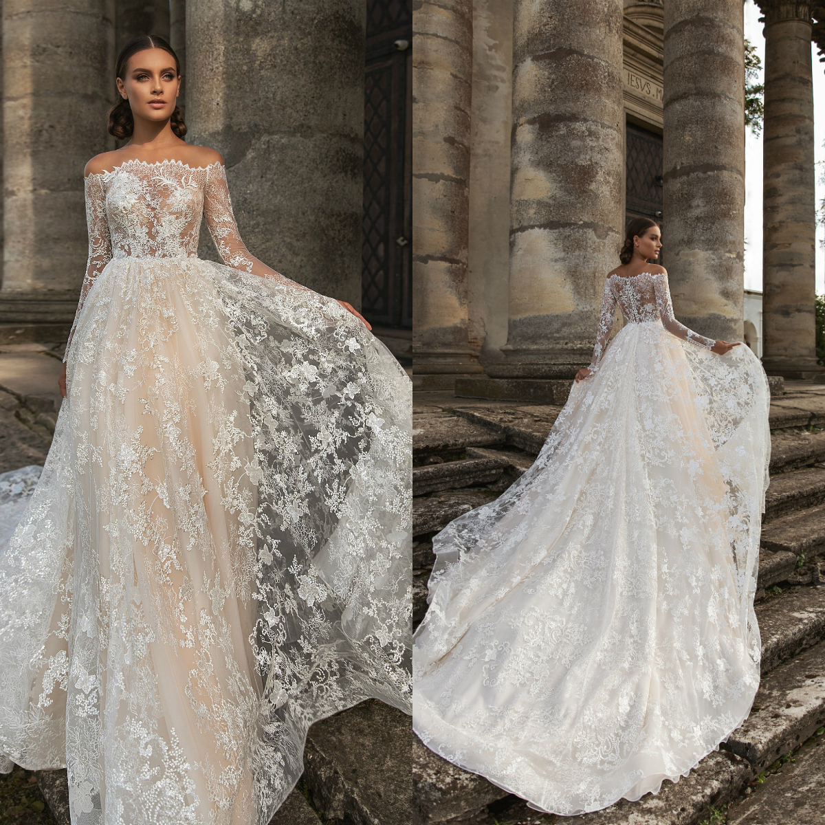 2020 New Long Sleeve Wedding Dresses Sheer Bateau Neck Lace Appliqued Bridal Gowns A Line Beach Wedding Dress