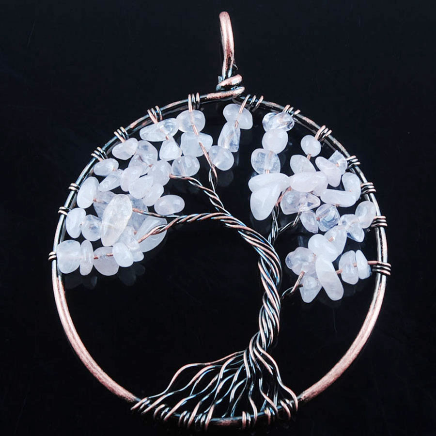 WOJIAER 52mm The Tree Of Life Ancient Copper Pendant Jewelry Natural Crystal Quartz Gem Stone Round BN326