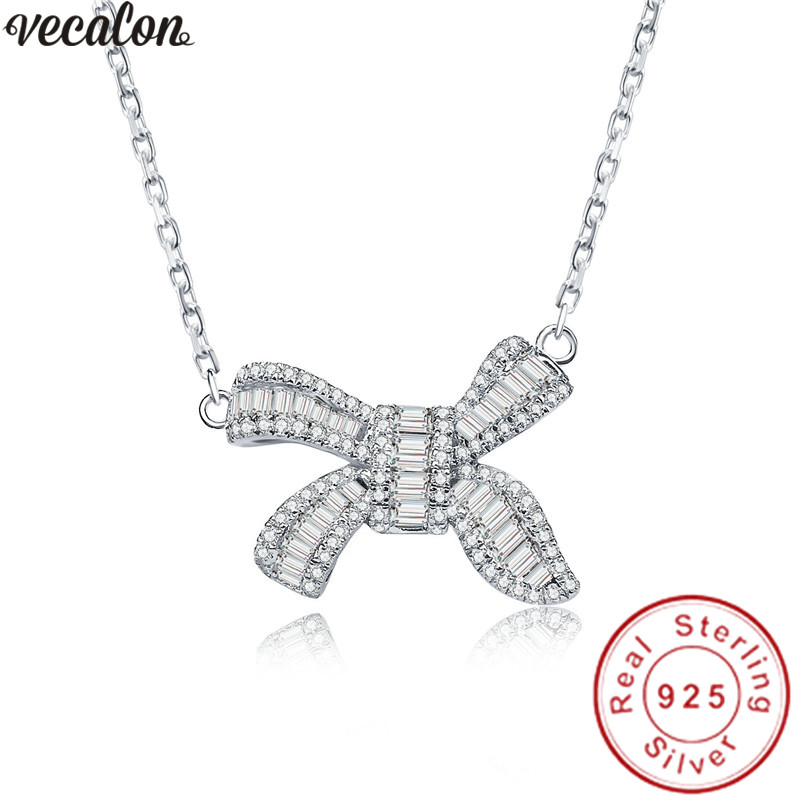 Vecalon Elegant Bowknot pendant Real 925 Sterling silver 5A zircon Wedding Pendants with necklace for Women Party Jewelry
