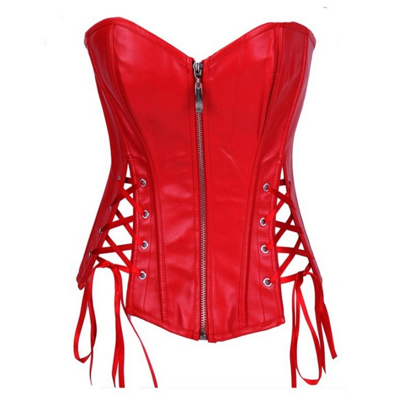 Gartered Leather Zipper Corset Women Side Ribbon Lace-up Details Plastic Boned Bodyshaper Fashion Overbust Waist Slimming Corset