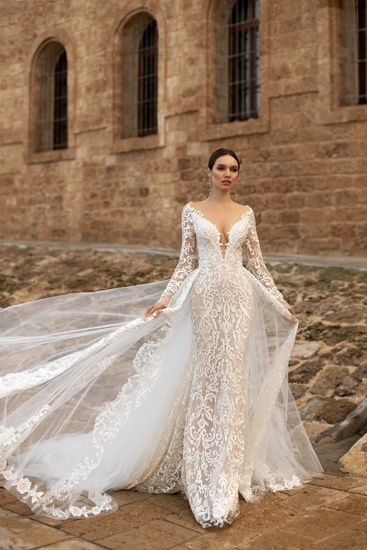 mermaid wedding dresses with detachable train appliqued lace long sleeves bridal dress ruffle sweep train custom made robes de marie